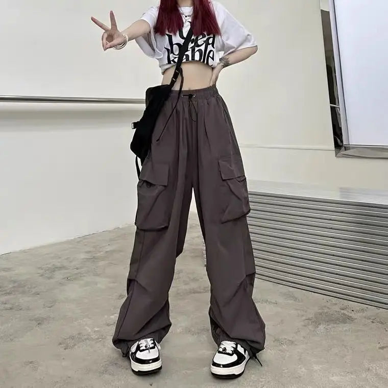 Women Long Cargo Pants Summer Elastic Waist Pocket Baggy Straight Loose Pants Casual Women Korean Trousers CDPF-WYP-51