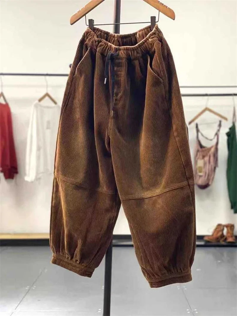 Ladies Large Size 4XL Corduroy Pantalons 2024 Female High Waist Add Velvet Casual Trousers Winter Women Loose Fit Lantern Pants