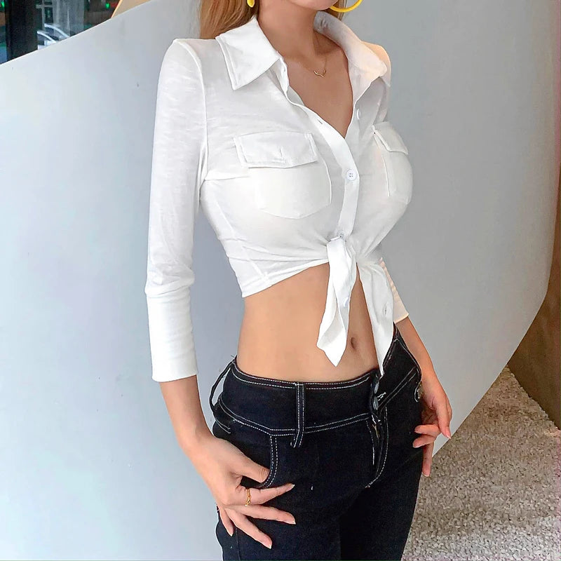 Candyhot Sweet Polo-neck Blouses Y2K Sexy Button Up Cardigan Long Sleeves Blouse Crop Tops Bandage Twist Knot Vest Women T Shirt