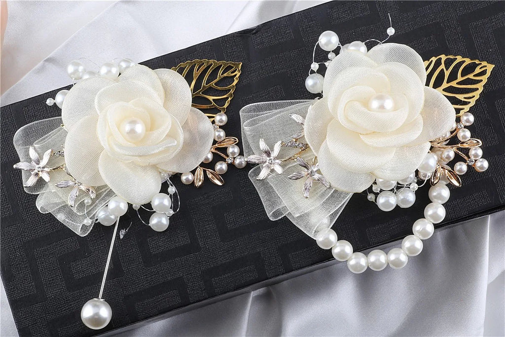 Artifical Rose Flowers Pearl Beaded Wrist Flower Ivory Flowers Bridesmaid Mensuit Marriage Wedding Accessories