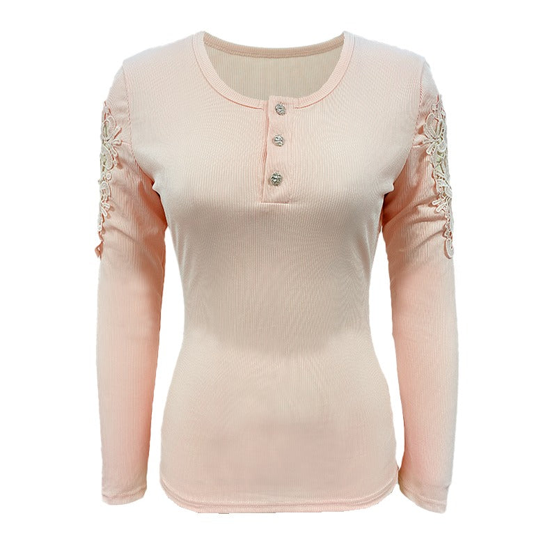 Spring and Autumn Women's Top Round Neck Button Slim Fit Long Sleeve Hollow Out T-shirt