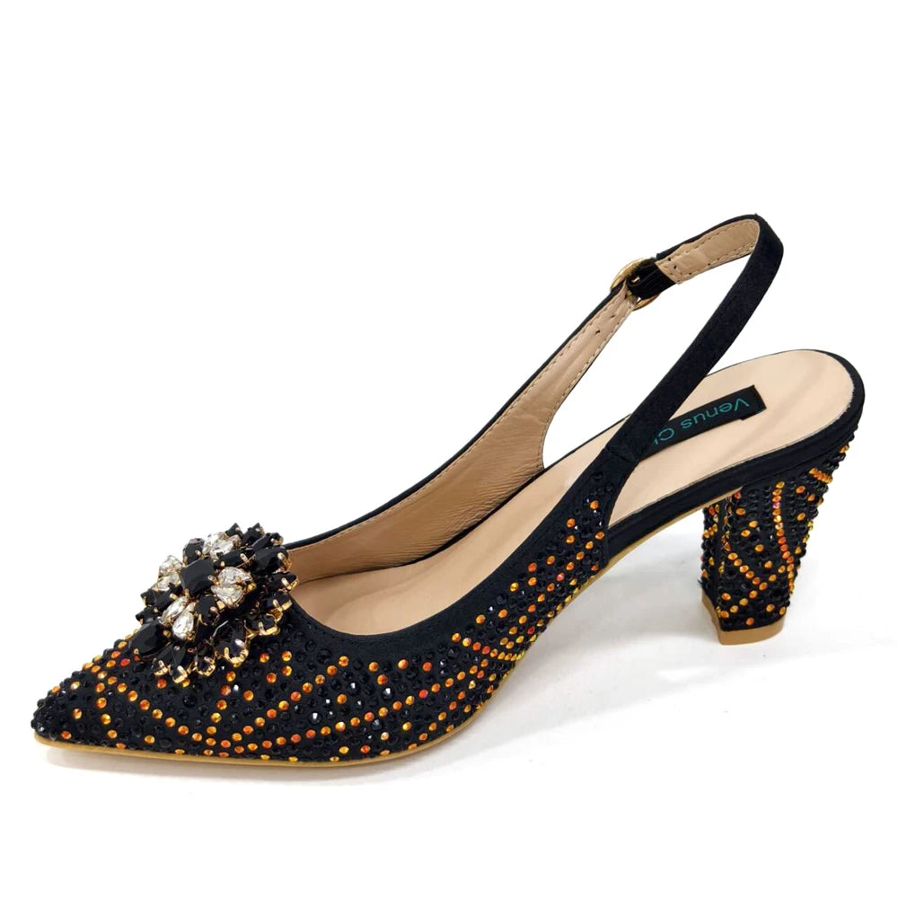 Venus Chan Nigerian Women Heel Party Ladies Italian Design Shoes And Bag Set Decorated with Rhinestone Handbag Wedding Party
