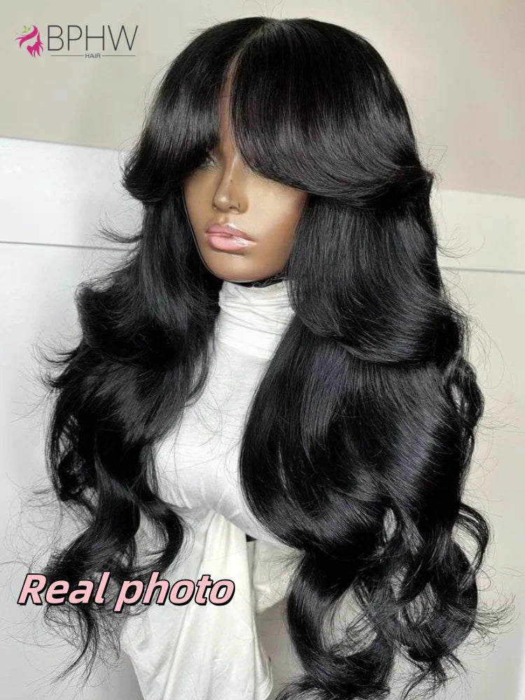 BPHW 12A Body Wave Wig With Bangs 30 inches Body Wave Human Hair Wigs 180% Density Fringe Remy Full Machine Made Wig For Women