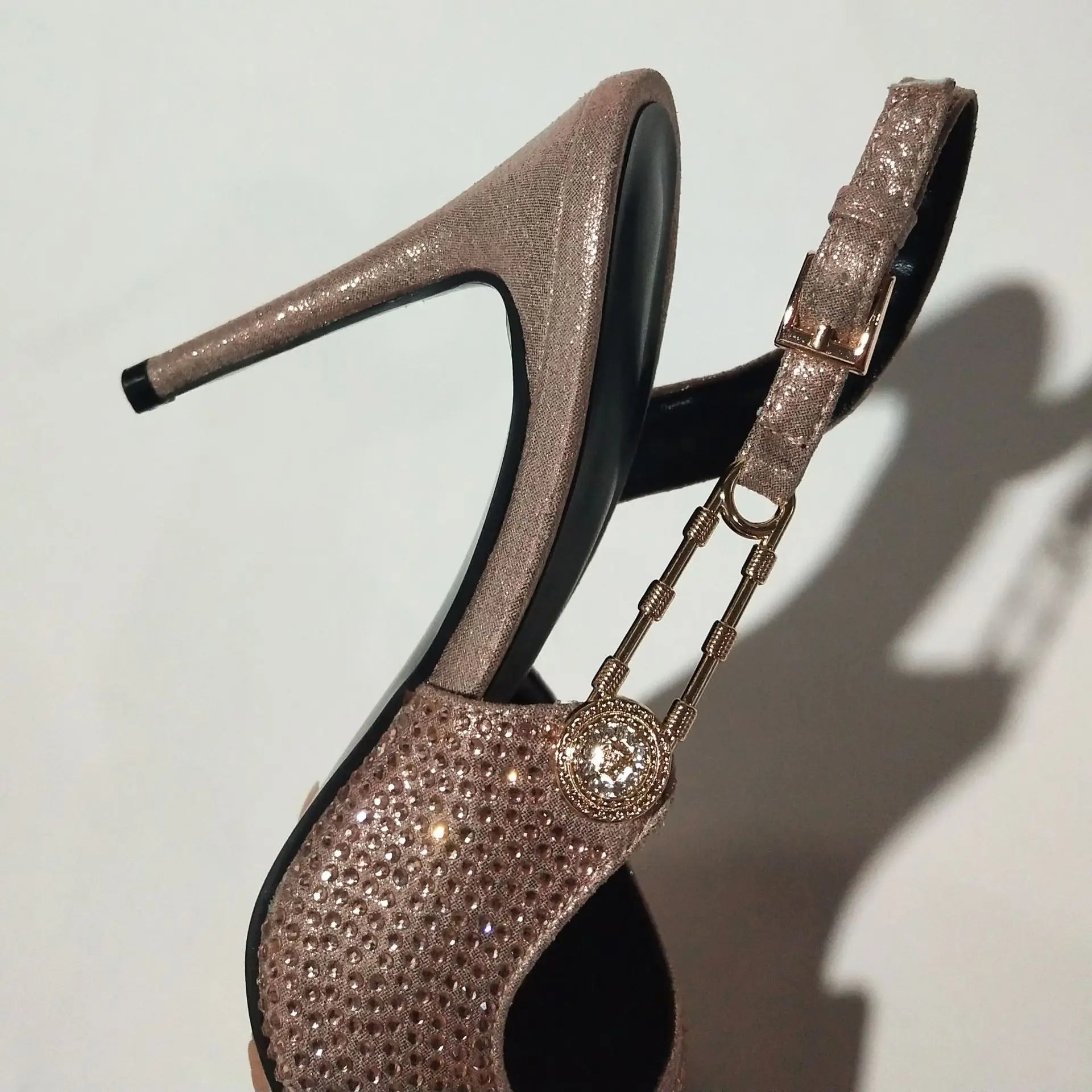 2025Women's Sexy Silk Rhinestone Pumps Belt Buckle Back Hollow Pointed Toe Thin Heel Sandals Pumps Female High Heels Party Shoes