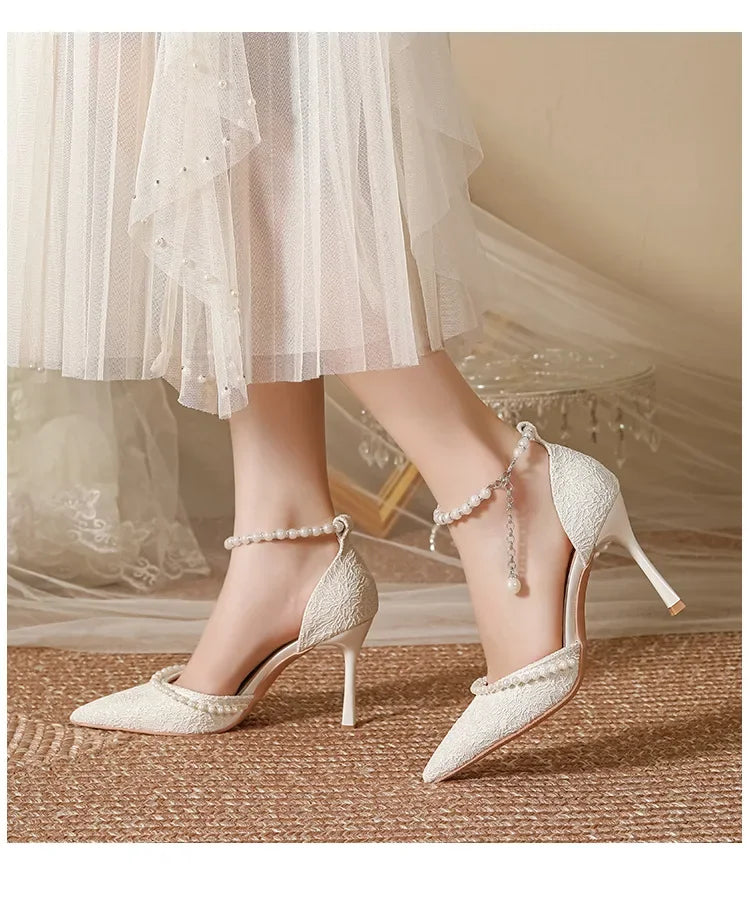 Size 30-44 Pearls Strap High Heels Lace Women White Wedding Shoes Stiletto Heel Point Toe Bride Bridesmaid