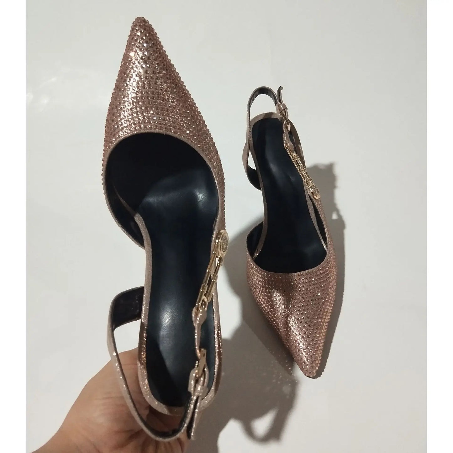 2025Women's Sexy Silk Rhinestone Pumps Belt Buckle Back Hollow Pointed Toe Thin Heel Sandals Pumps Female High Heels Party Shoes