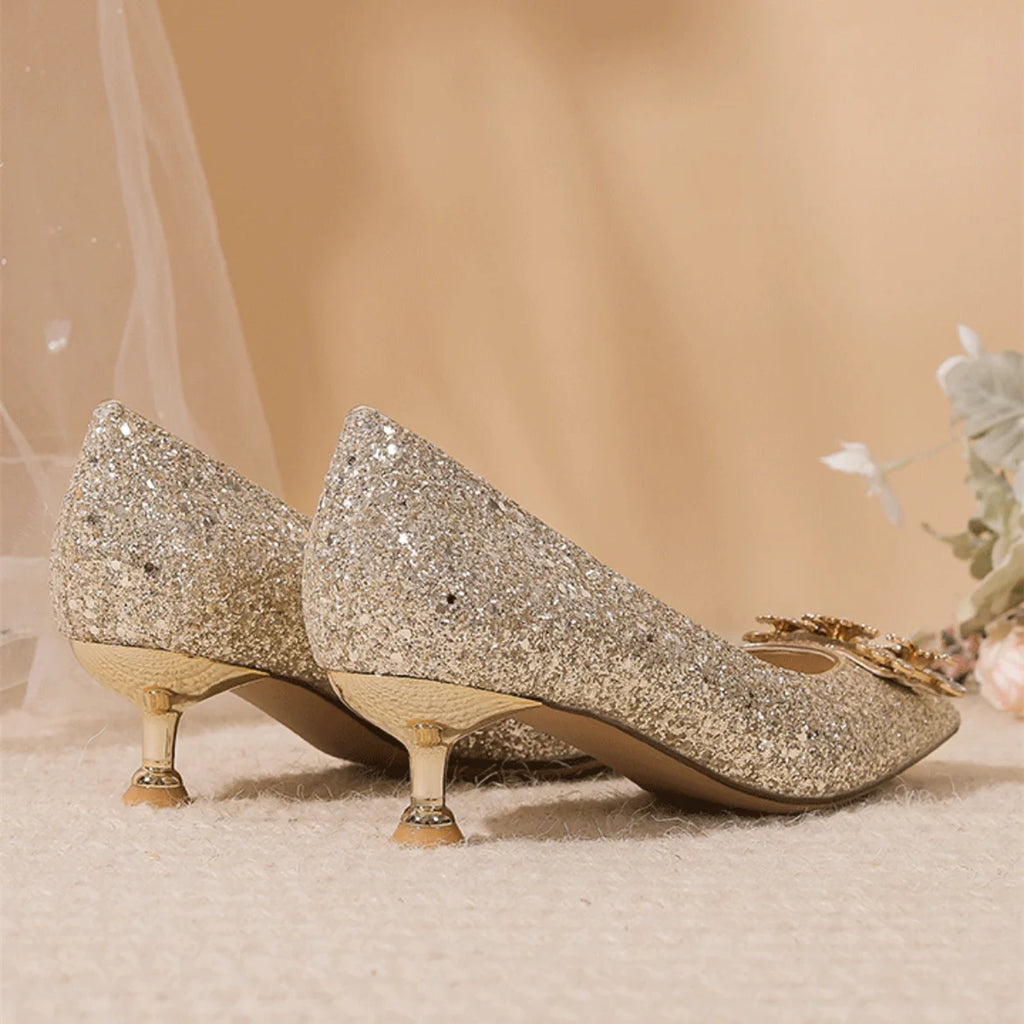 Ladies Pumps Pointed Toe Silver Rhinestone Low Heel Elegant Women's Shoes Bride Footwear 39 Vacation 2025 Trend on Offer Slip