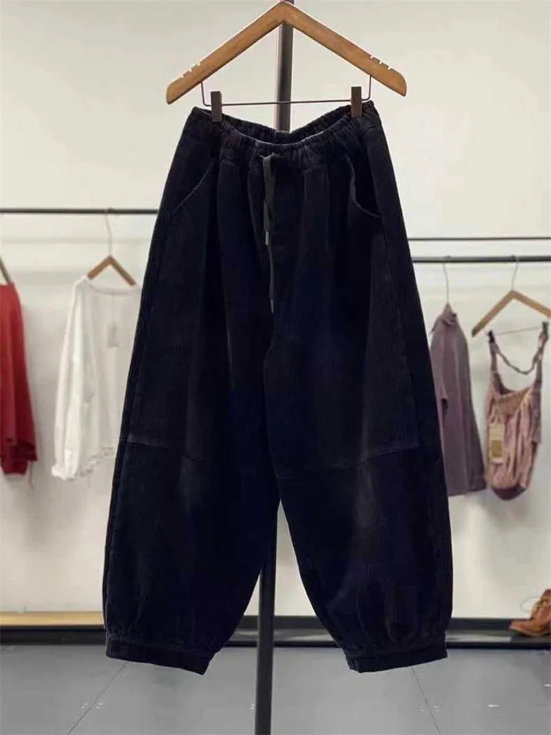 Ladies Large Size 4XL Corduroy Pantalons 2024 Female High Waist Add Velvet Casual Trousers Winter Women Loose Fit Lantern Pants