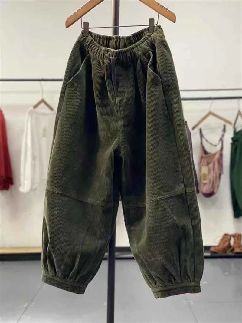 Ladies Large Size 4XL Corduroy Pantalons 2024 Female High Waist Add Velvet Casual Trousers Winter Women Loose Fit Lantern Pants