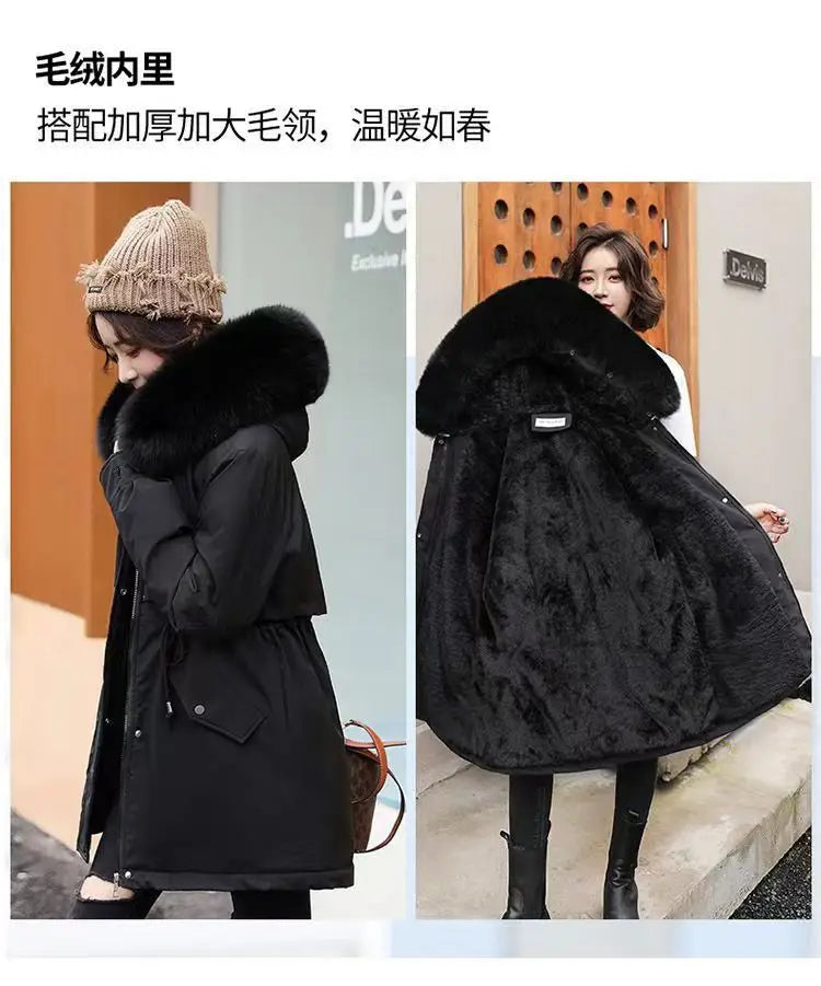 2025 Winter New Korean Edition Loose Thicken Cotton Jacket Women's Big Fur collar Hooded Coat Female Casual Warm Parker Overcoat