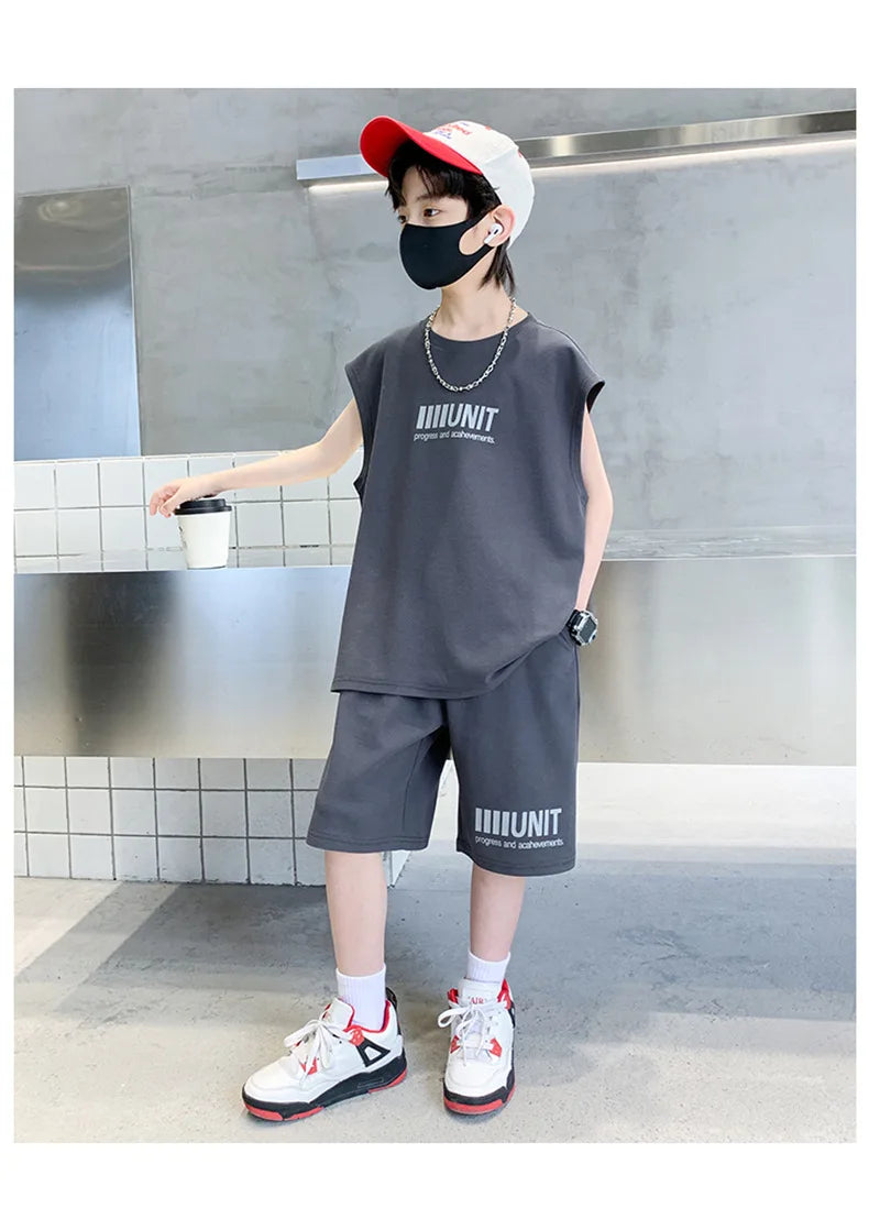 Boys Summer Suit New Children's Sleeveless Vest Sports Suit Fried Street Clothes Cool Handsome Summer Children's Clothing