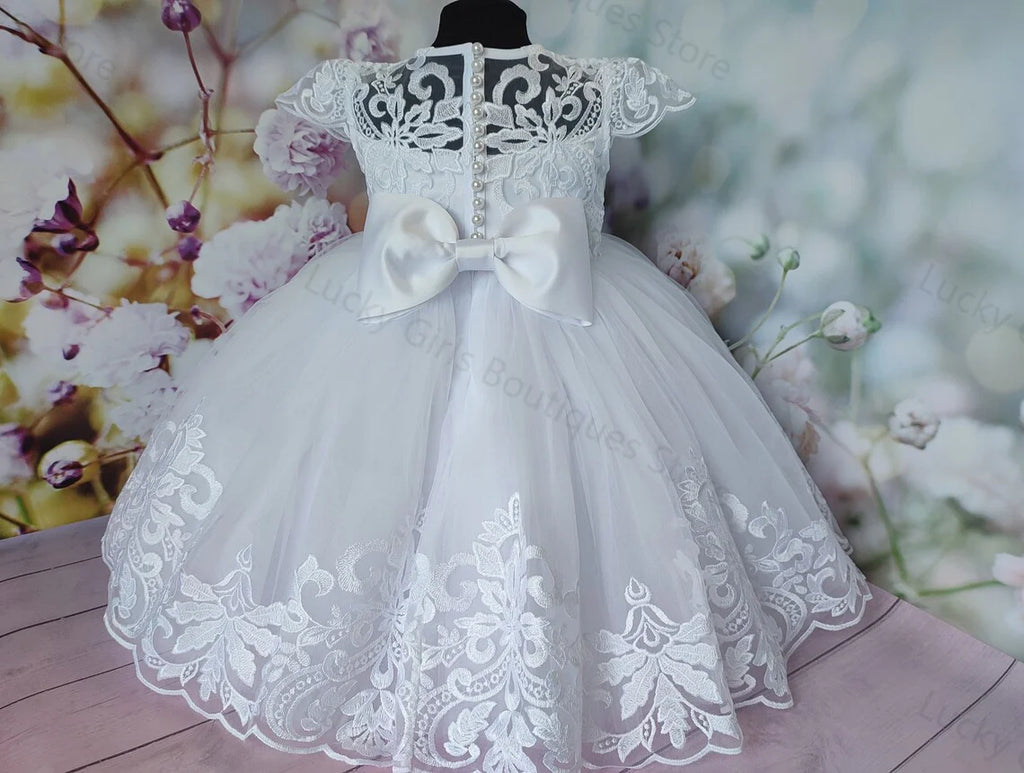 White Ball Gown Baby Christening Gowns Lace Appliques Bows Girls Baptism Pearls Newborn Kids Birthday First Communion Dresses