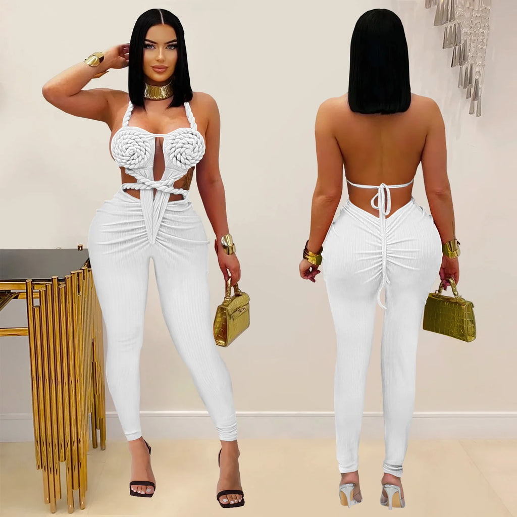 GLCMYAYA Women Halter Neck Knit Ribbed Ruched Stacked Jumpsuits 2025 Summer Vacation Beach Romper Playsuit One Piece Set Outfits