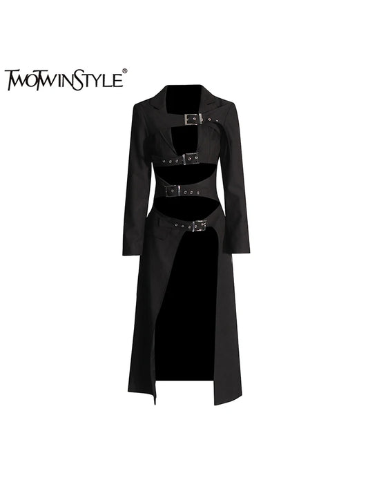 TWOTWINSTYLE Solid Hollow Out Sexy Long Coat For Women Lapel Long Sleeve Spliced Belt Chic Sexy Asymmetrical Jackets Female New