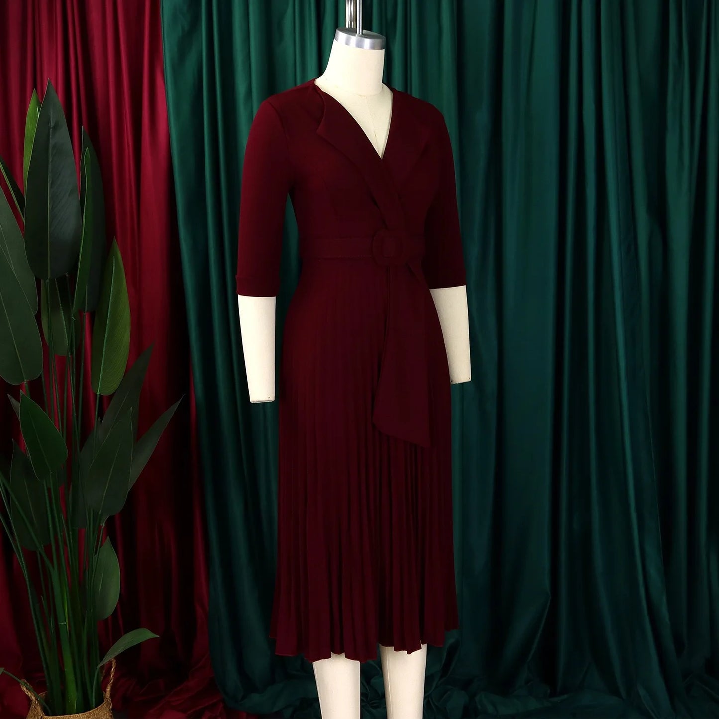 Elegant Office Ladies Dresses 2024 Autumn Fall Notched Collar Half Sleeve Belt Waisted Mid Calf Female Birthday Party Dress Midi