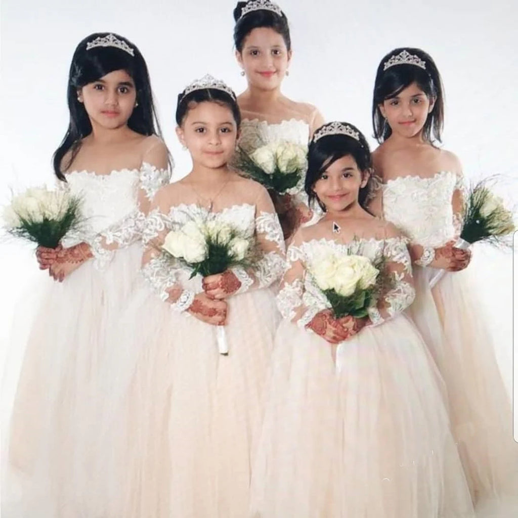 2024 Toddler Lace Tulle Flower Girls Dress Princess Kids Child Baptism Wedding Party Junior Bridesmaid Maxi Ball Gown Evening