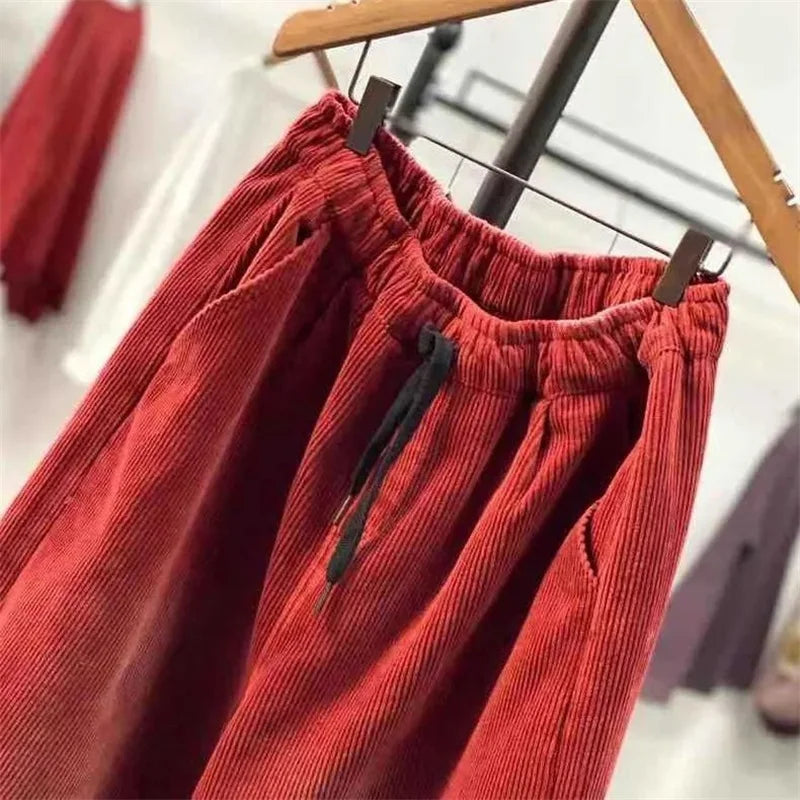 Ladies Large Size 4XL Corduroy Pantalons 2024 Female High Waist Add Velvet Casual Trousers Winter Women Loose Fit Lantern Pants
