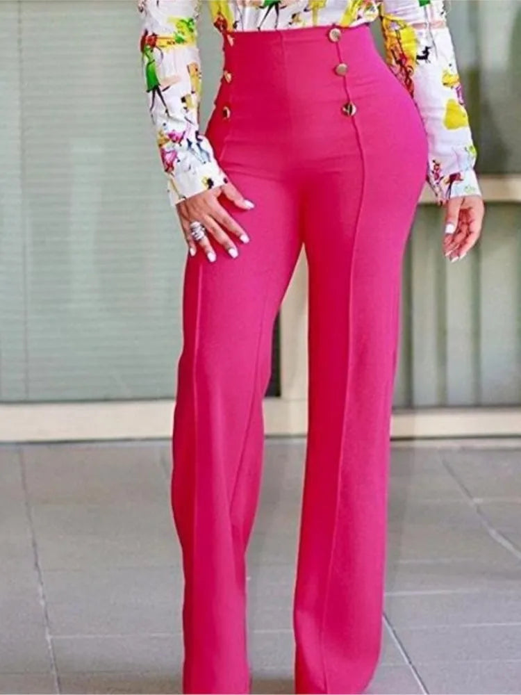 Elegant Casual  High Waist Wide Leg Pants Fashion Loose Button Long Pant Office Solid Spring Autumn Womens Clothing New Pant