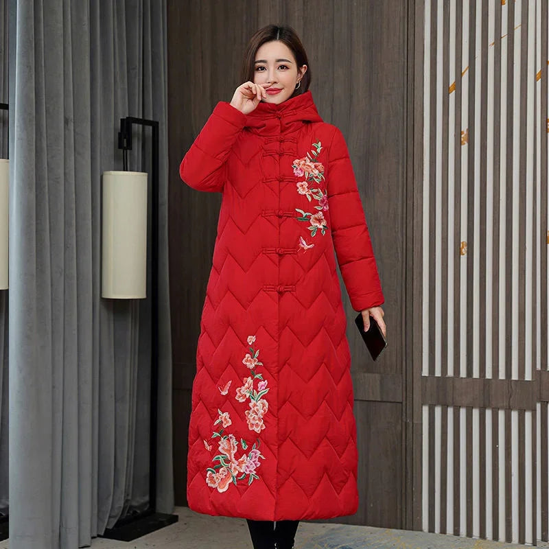 Winter Down Cotton Padded Women Chinese National Style Embroidered Long Outwear Thickened Warm Hooded Parkas Coat Female
