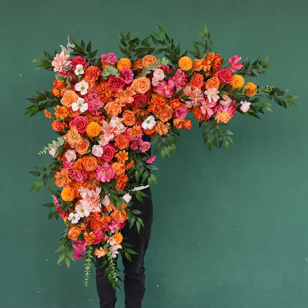 Flowers Artificial Decoration Orange Pink Series Rose Greens Floral Arrangement Bridal Bouquet for Wedding Event Decor J2601