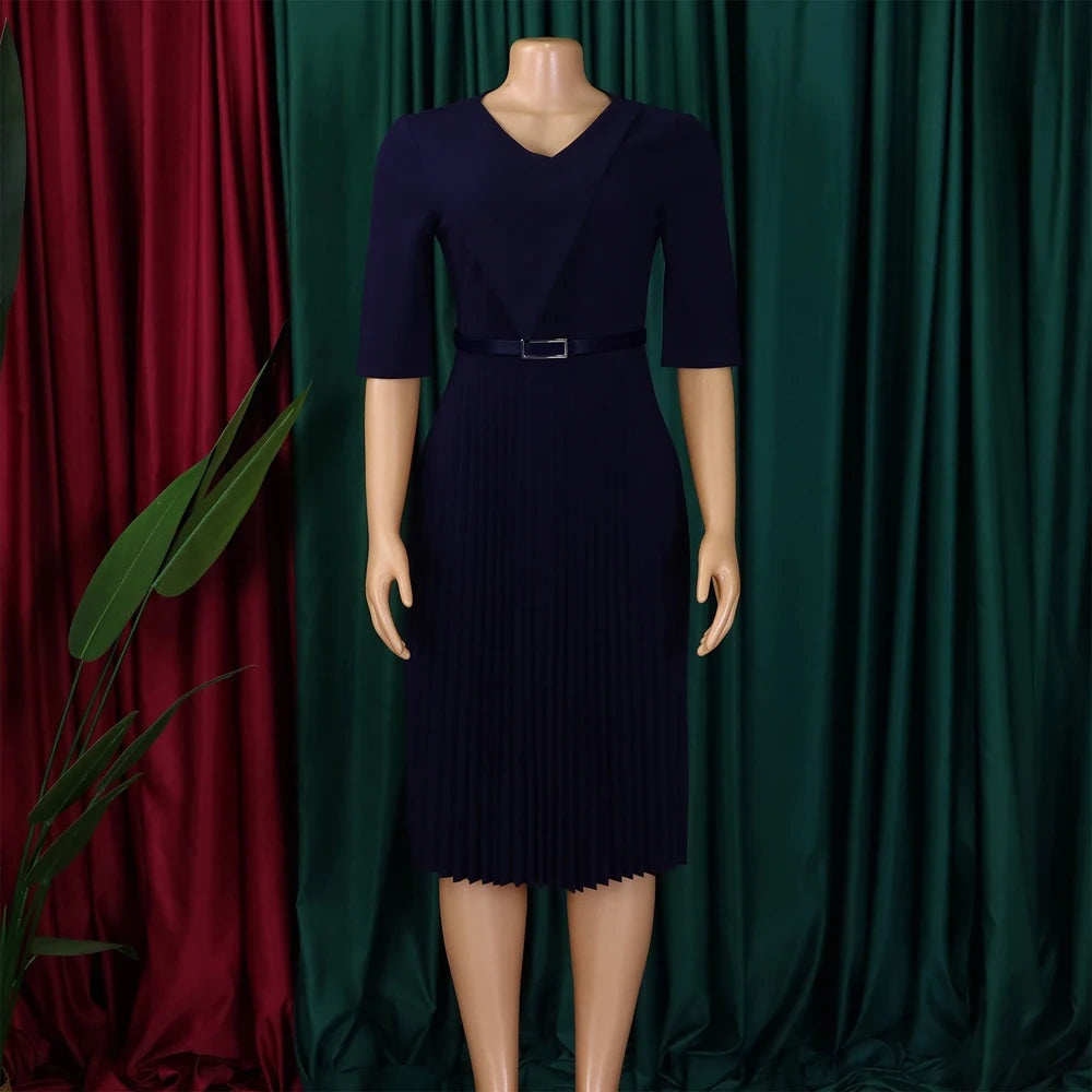 Church Dresses for Women Elegant V Neck Half Sleeves Pleated A-Line Midi Dress Female Classy Modest African Summer Fashion Gowns