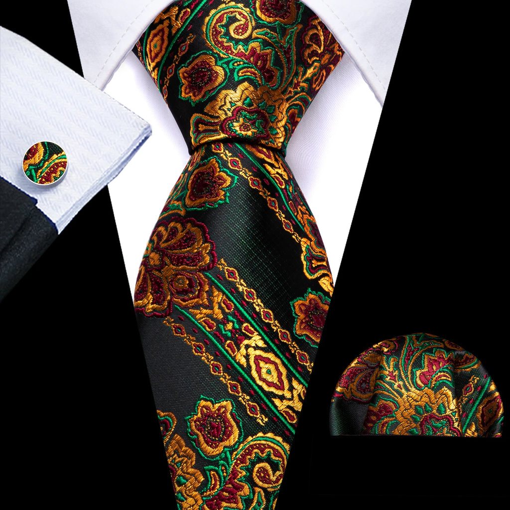 Barry.Wang Gold Beige Yellow Brown Tulip Silk Men Tie Handkerchief Cufflink Set Jacquard Necktie for Male Wedding Business Party