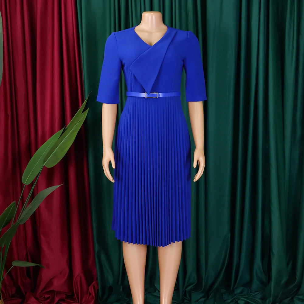 Church Dresses for Women Elegant V Neck Half Sleeves Pleated A-Line Midi Dress Female Classy Modest African Summer Fashion Gowns