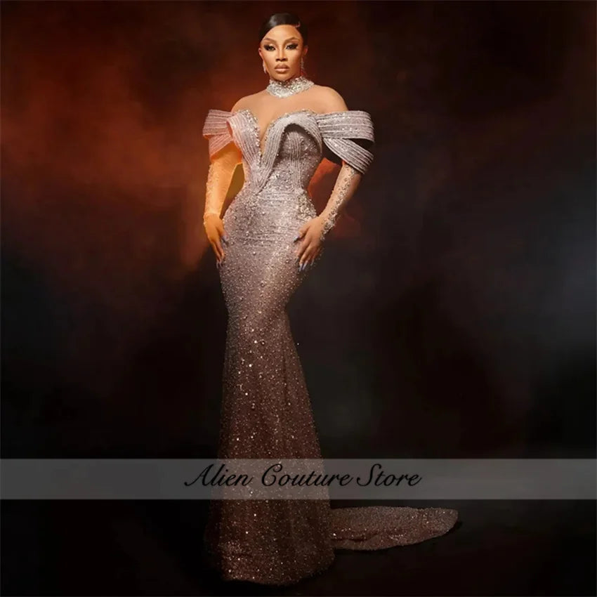 Aso Ebi Luxury Silver Beaded Evening Dresses 2025 Lace up Back African Diamonds Prom Dress Customized Wedding Party Gown