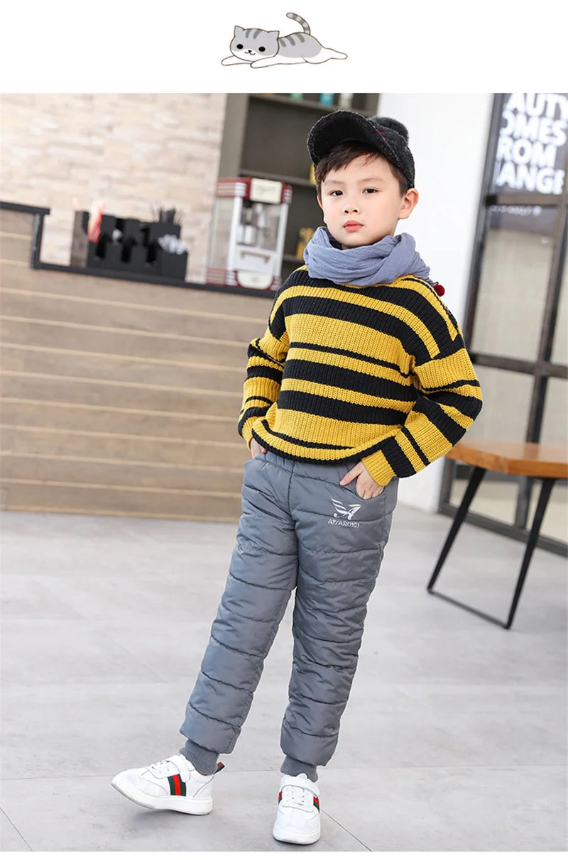 Winter Boys Thick Cotton Pants Fleece Padded Warm Trousers Kids Waterproof Ski Pants Elastic High Waisted Baby Girls Pant 2-12 Y