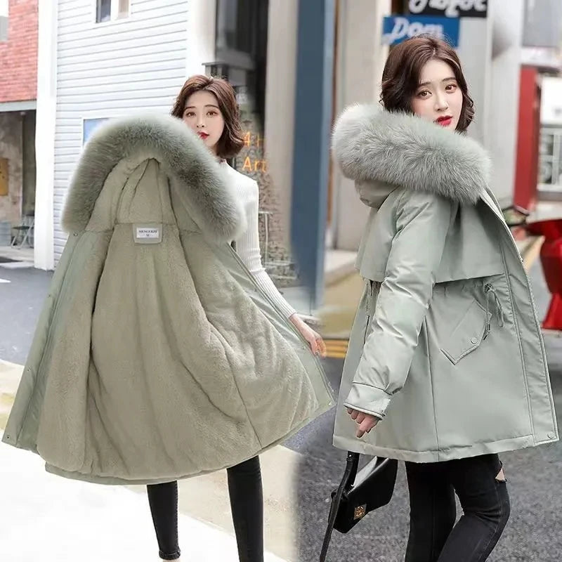 2025 Winter New Korean Edition Loose Thicken Cotton Jacket Women's Big Fur collar Hooded Coat Female Casual Warm Parker Overcoat