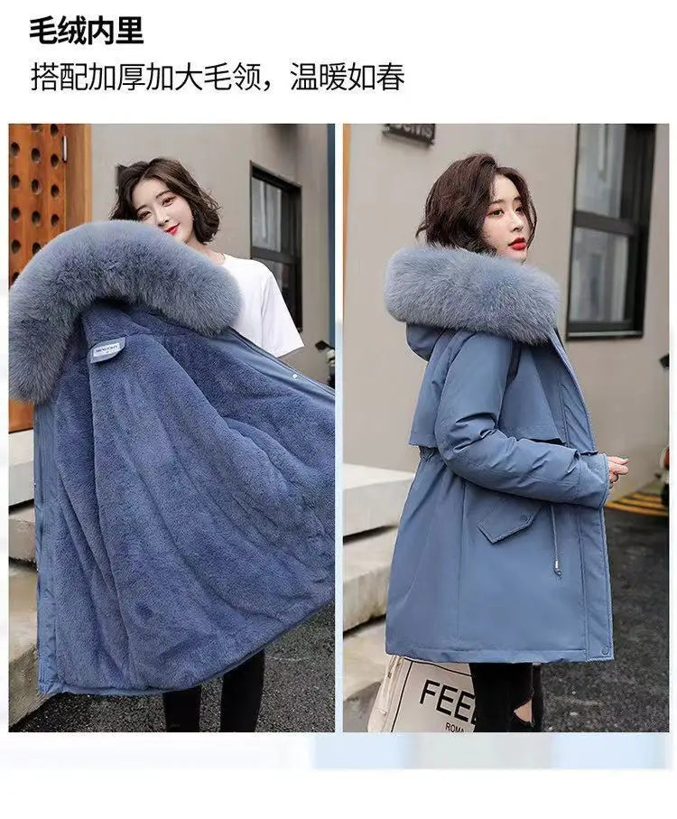 2025 Winter New Korean Edition Loose Thicken Cotton Jacket Women's Big Fur collar Hooded Coat Female Casual Warm Parker Overcoat