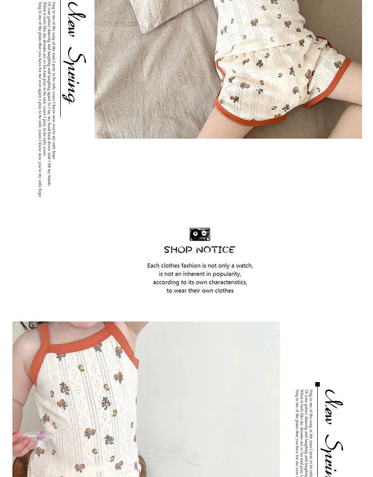2024 Summer New Baby Sleeveless Tops And Tight Waist Shorts 2 Pieces Suit Girls Square Collar Clothing Set Kids Cotton Clothes