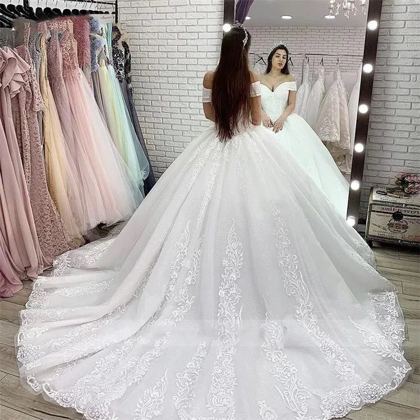 Off the Shoulder Luxury White Prinses Trouwjurk Lace Appliques Elegant Wedding Dresses For woman Bridal Gowns Vestido De Noiva