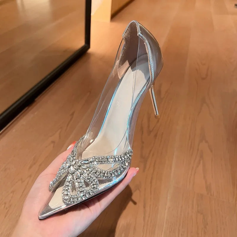 New Summer New Women's Fashion Pointed Transparent PVC Rhinestone Wrapped Back Buckle High Heel Sandals Banquet Shoes