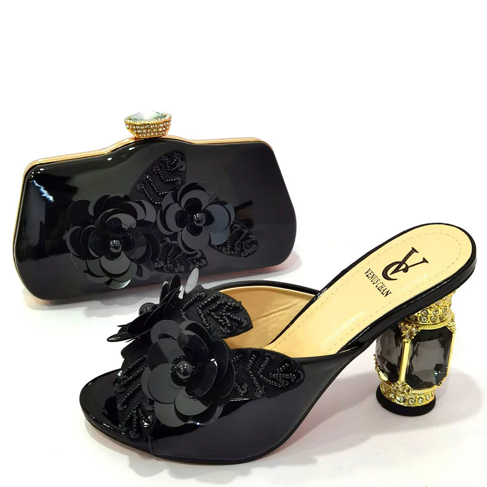 Arican New Arrival Speical Narrow Band and Cross-tied Style Italian Design Ladies Shoe and Bag Set in Gold Color for Party