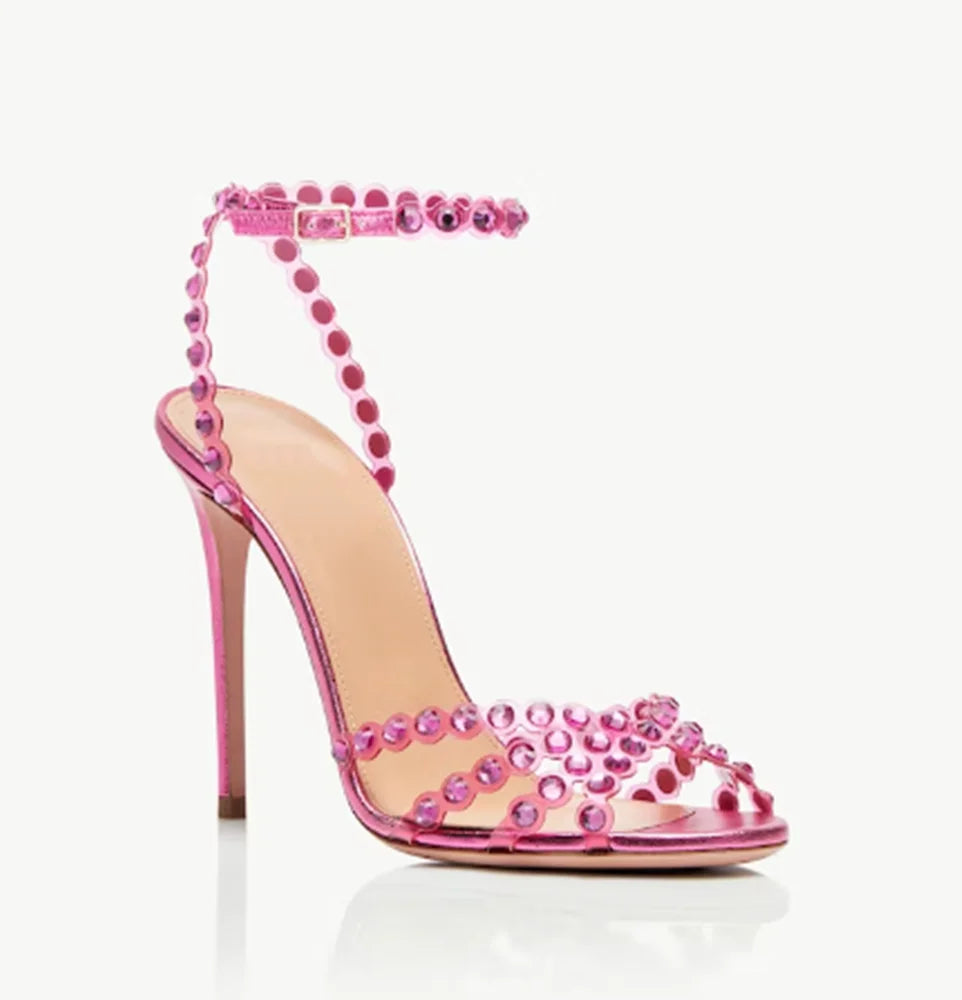 Women Peep Toe Wedding Sandals Crystal Bling Bling Colored Rhinestone shiny Sandals Stiletto Heels Slingback Ankle Strap Shoes