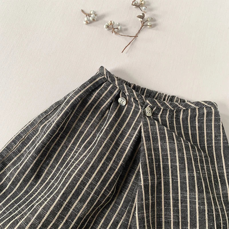 Children's Retro Striped Cotton And Linen Pant Spring Autumn New Japanese Boys And Girls Casual Loose Wide-Leg Pants WTP122