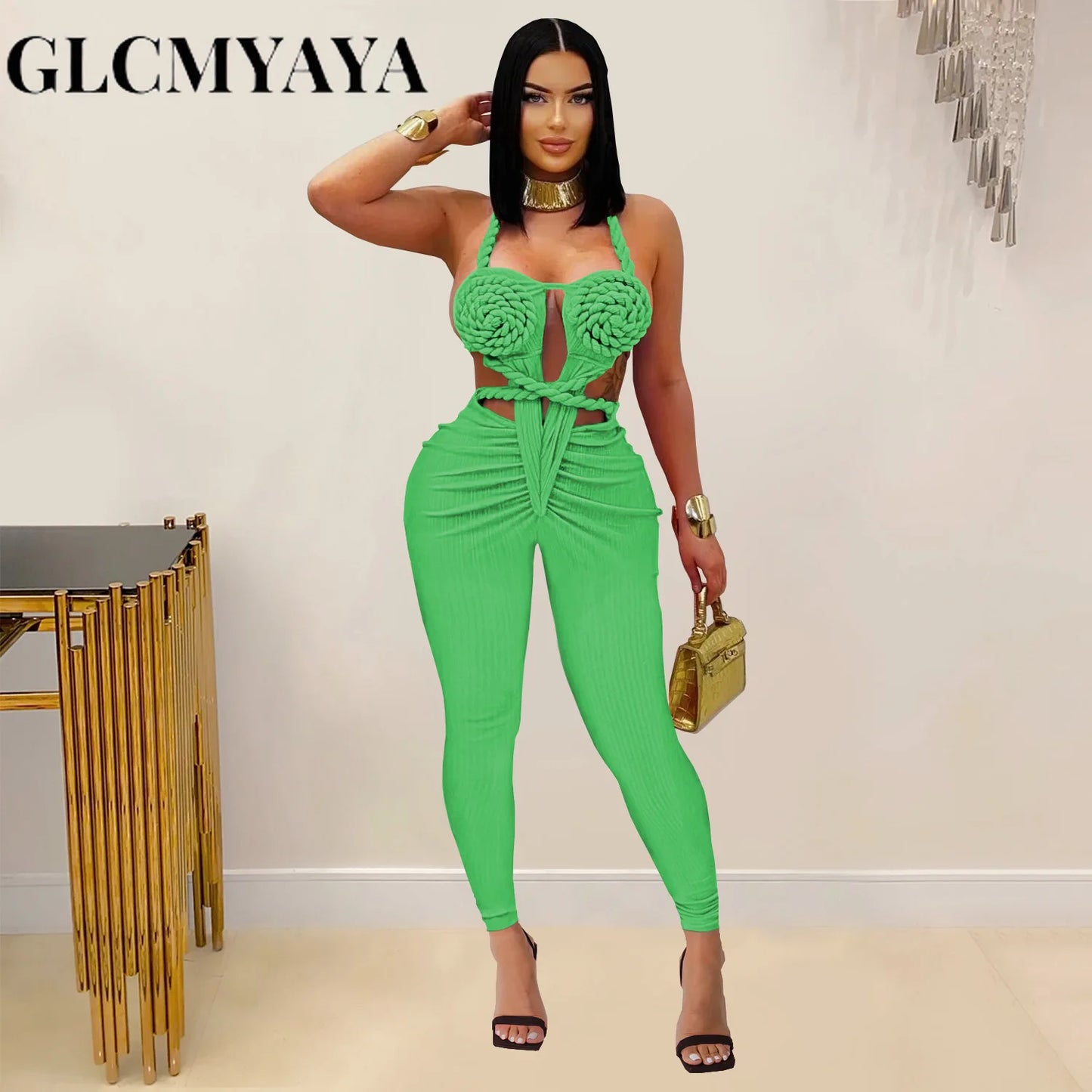 GLCMYAYA Women Halter Neck Knit Ribbed Ruched Stacked Jumpsuits 2025 Summer Vacation Beach Romper Playsuit One Piece Set Outfits