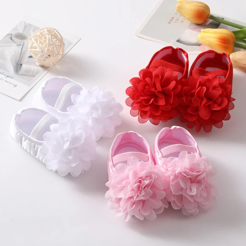 Infant Baby Girls Shoes with Headband Soft Sole Non-slip Flower Princess Wedding Dress Walking Shoes