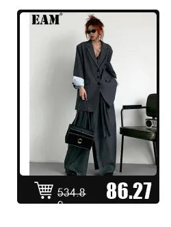 EAM Gray Spliced Pleated Personality Blazer Women New Lapel Long Sleeve Loose Fit Jacket Fashion Tide Spring Autumn 2025 30A1252