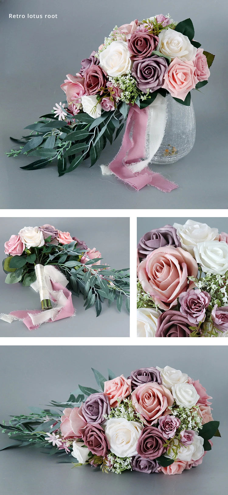 45X22CM Artificial Flower Bundle Bride Water Drops Holding Flowers Wedding Supplies Rose Silk Flower Wedding Photography Props