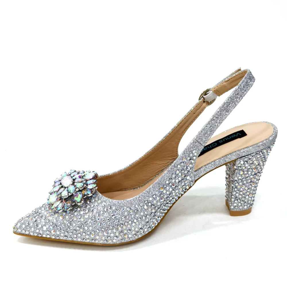 Venus Chan Nigerian Women Heel Party Ladies Italian Design Shoes And Bag Set Decorated with Rhinestone Handbag Wedding Party