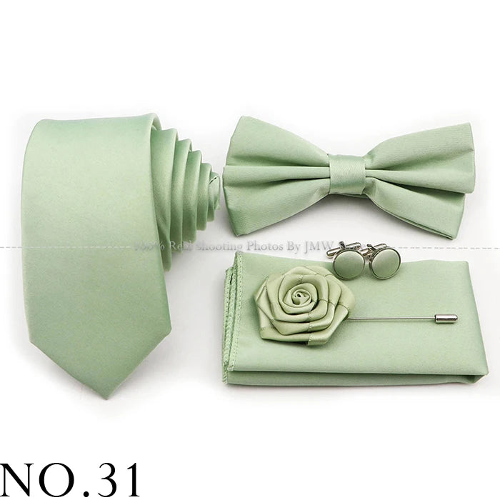 Hot Sale Purple Pink Sage Green Tie Set Polyester Necktie Bowtie Cufflink Brooch For Groom Suit Wedding Cravat Shirt Accessory