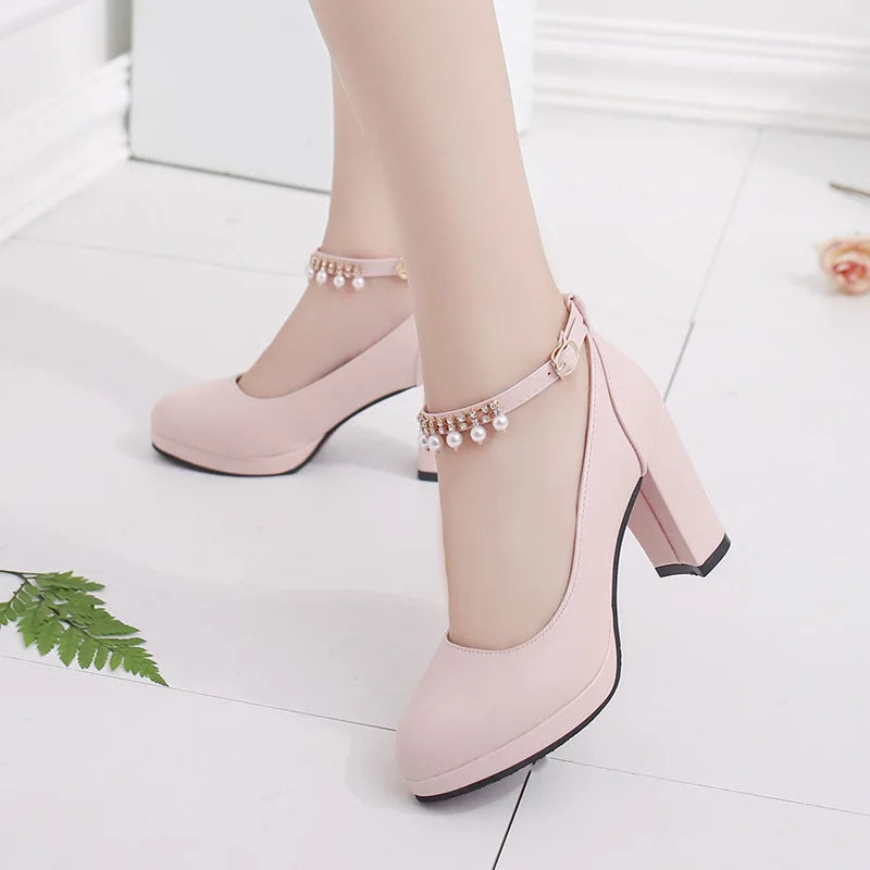 Women's Wedding Shoes String Bead Ankle Strap Elegant Middle High Heel Dress Platform Bridal Pearl Pumps 8cm 2023 Autumn Leather