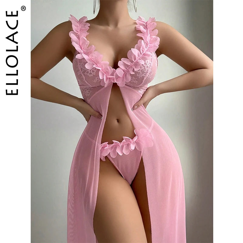 Ellolace FloralLove Lingerie Long Dress Deep-V Neck See Through Lace Night Dress Women Pink Very Sexy Nightwear Nightie Custumes
