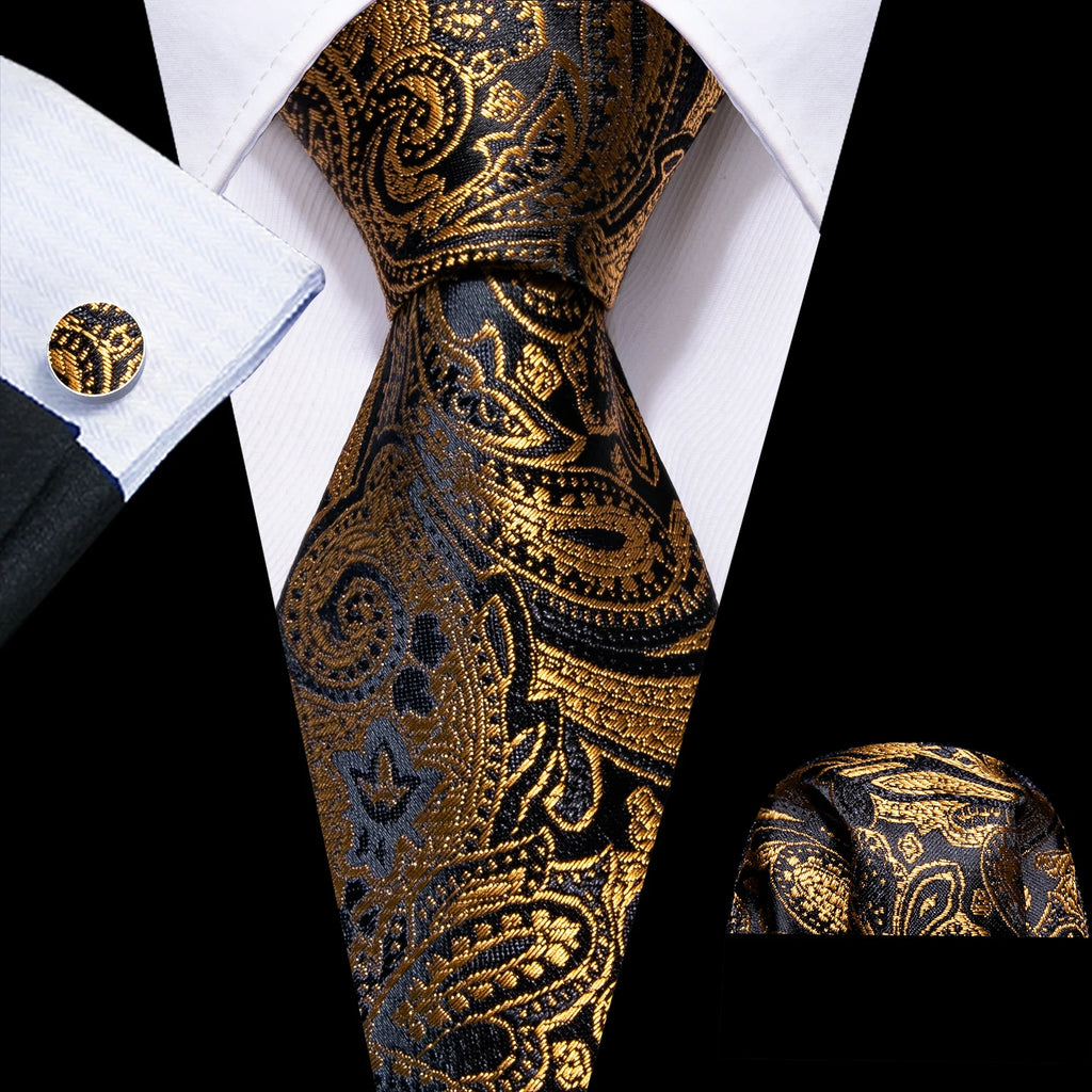 Barry.Wang Gold Beige Yellow Brown Tulip Silk Men Tie Handkerchief Cufflink Set Jacquard Necktie for Male Wedding Business Party