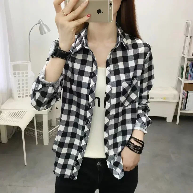 2024 Autumn New College Style Plaid Shirts Womens Long sleeve Button Down Casual Tops Loose Fashion Polo Neck Blouses
