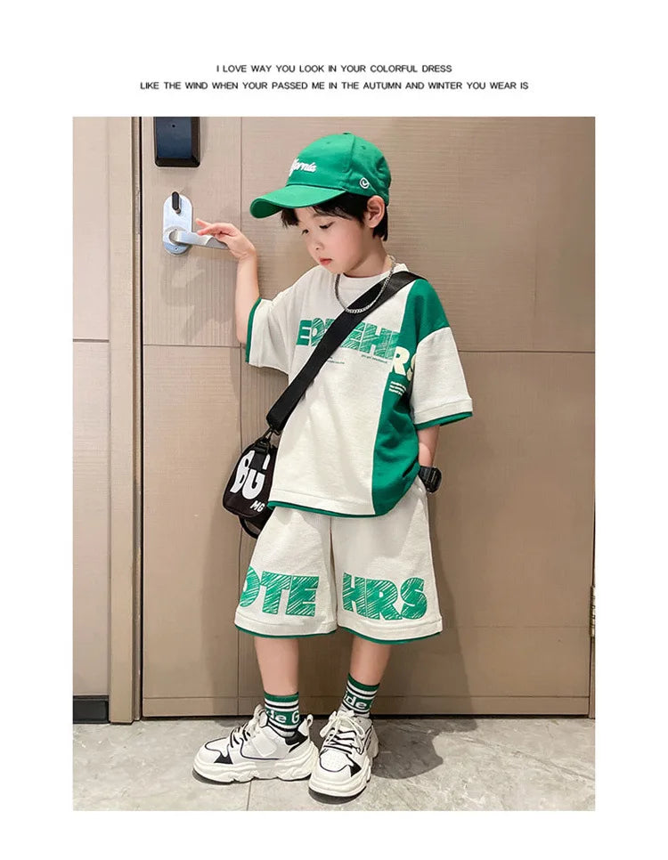 New Summer Teenagers Boys Clothing Sets Child Fashion Letter Top And Shorts 2Pcs Kids Tracksuit 4 5 6 7 8 9 10 11 12 13 14 Years