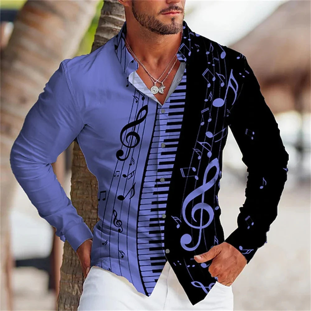 2024 Summer Men's Long Sleeves Shirt with Musical Instrument Symbol Pattern Printed Collar, Cardigan, Street Casual Shirt