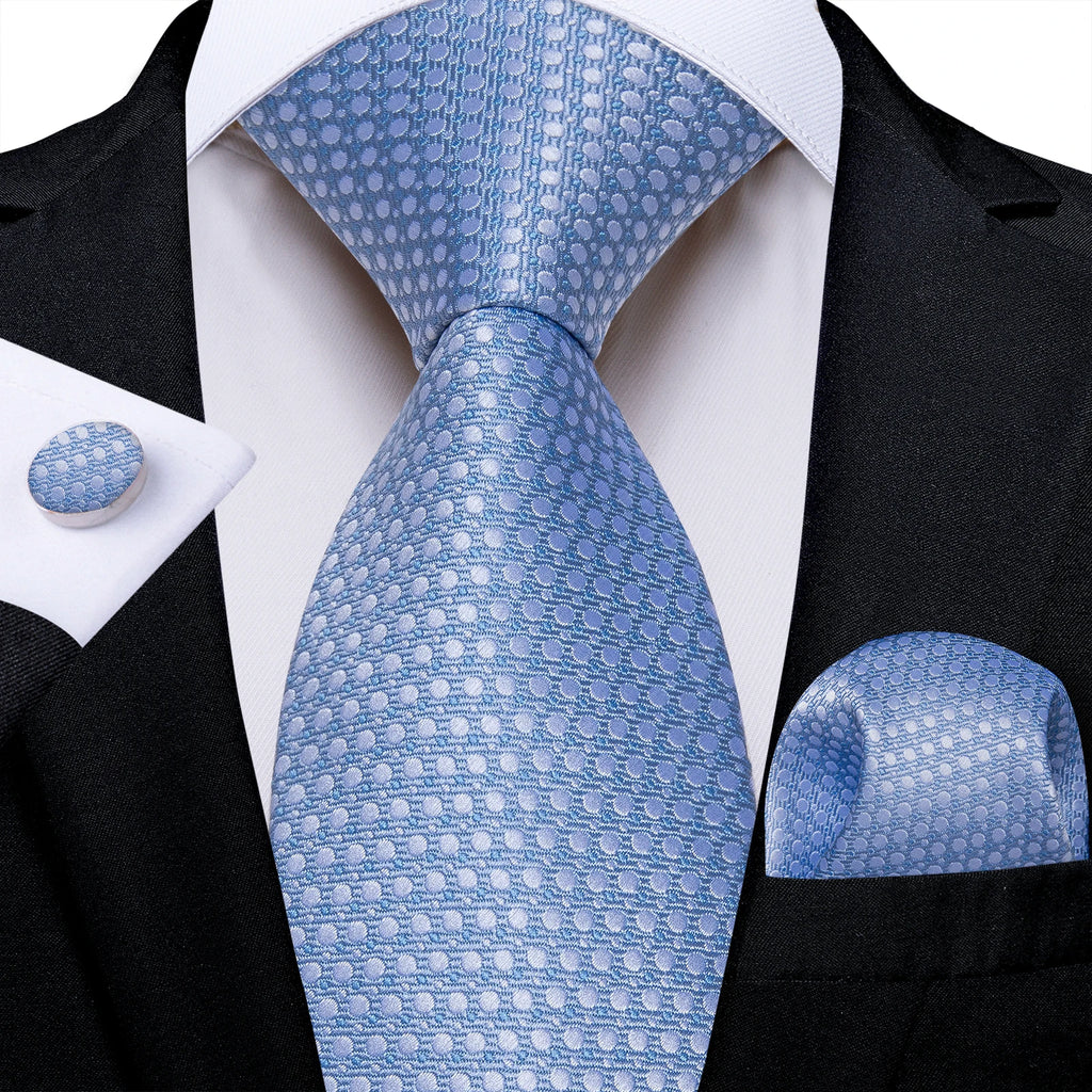 Light Blue Men's Tie Set Handkerchief Cufflinks Solid Paisley Floral Wedding Party Formal Groom Suits Accessories Gift Husband